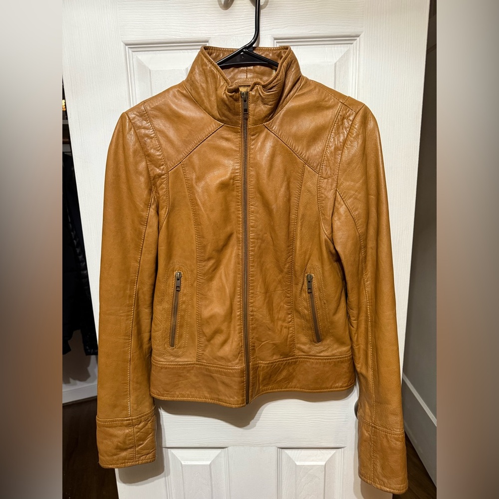Black Rivet caramel leather jacket, size S